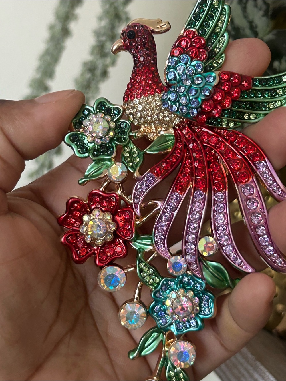 Vibrant Red & Green Crystal Phoenix Brooch - Women Jewelry